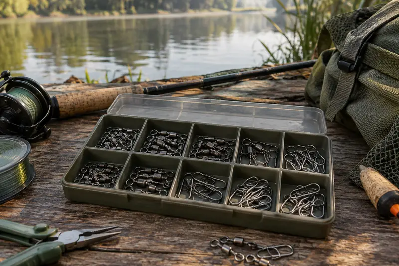 Émerillons et agrafes de pêche triés par taille dans un plateau