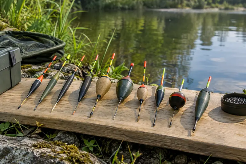Flotteurs de pêche au coup alignés près d’une rive calme et végétalisée