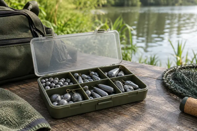Plombs de pêche de formes variées rangés dans une boîte compartimentée