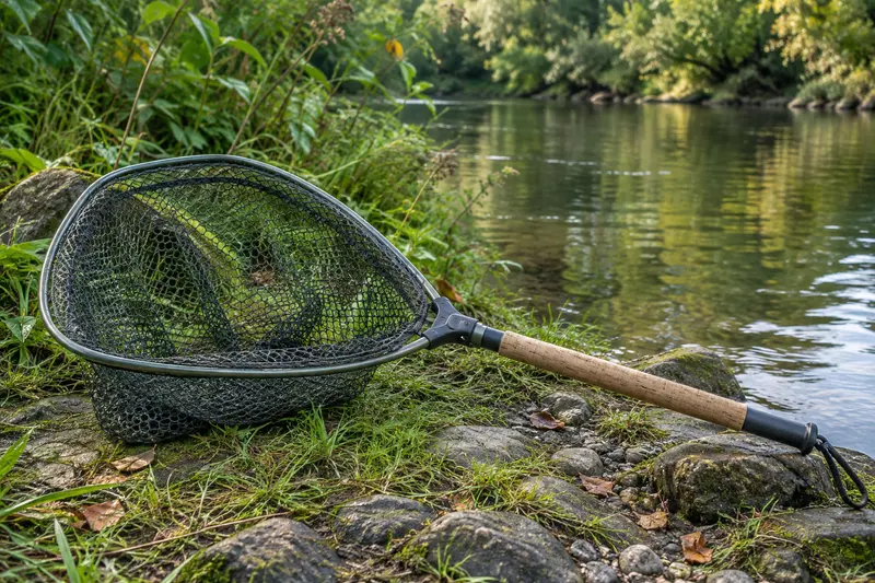 Épuisette de pêche déployée sur une berge au bord d’une rivière