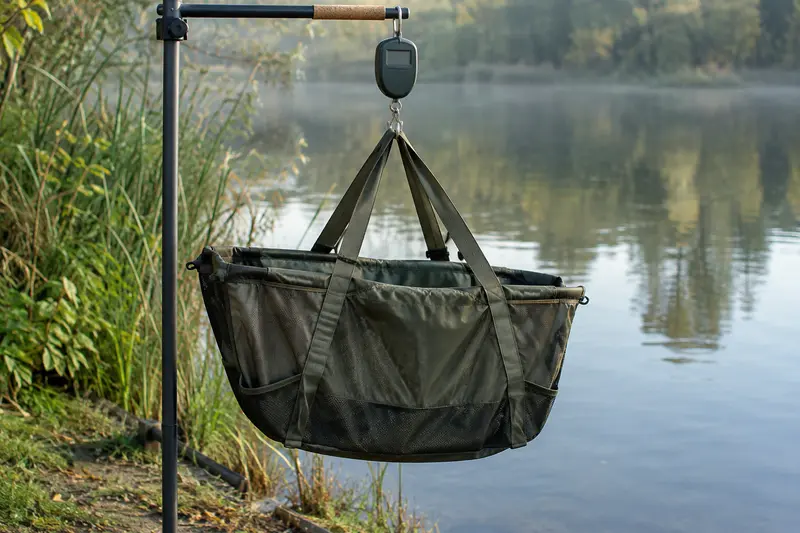Sac de pesée de pêche suspendu à un peson au bord de l’eau
