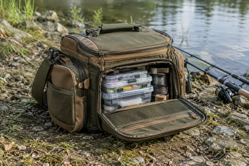 Sac de pêche avec rangements et boîtes d’accessoires posé sur une berge