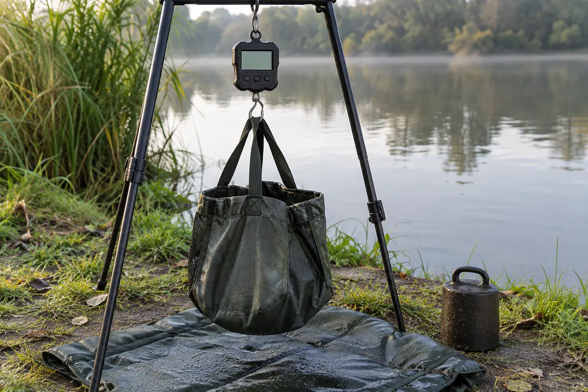 Balance de pêche suspendue au-dessus d’un tapis de réception, avec un sac de pesée prêt à être vérifié.