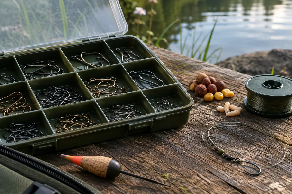 Hameçons de pêche de différentes formes et tailles rangés dans une boîte avec un bas de ligne