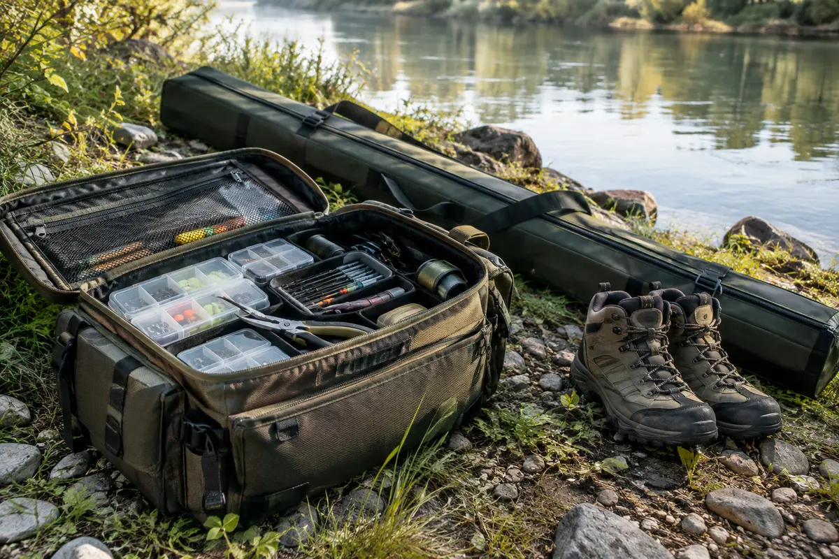 Sac de pêche ouvert et organisé avec boîtes, accessoires et fourreau à cannes sur une berge