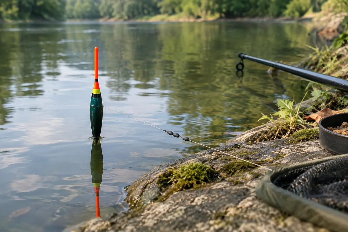 Flotteur de pêche équilibré dans l’eau avec une antenne visible et des plombs répartis sur la ligne