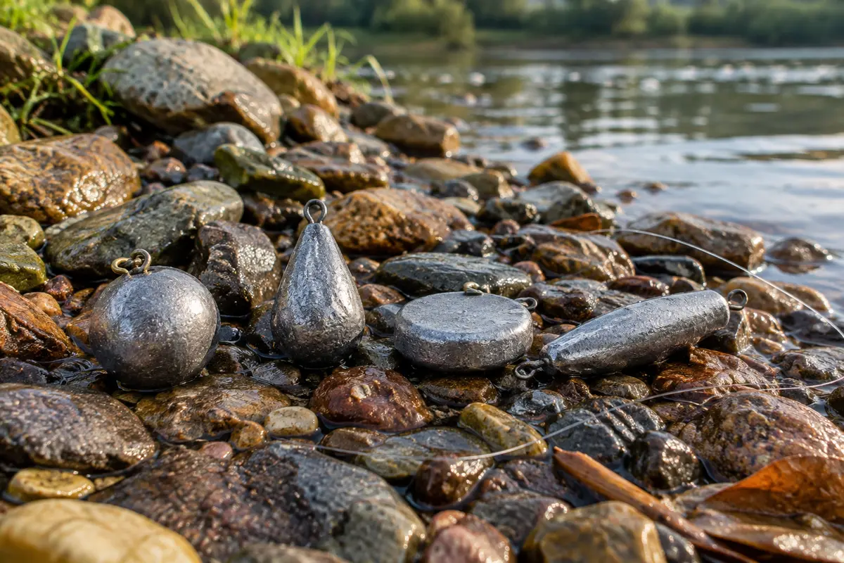 Plombs de pêche ronds, plats et allongés posés sur des galets pour comparer leurs profils
