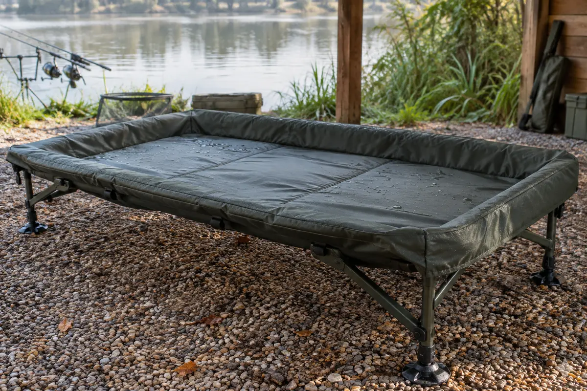 Tapis de réception de pêche déployé dans un espace ventilé pour sécher après rinçage