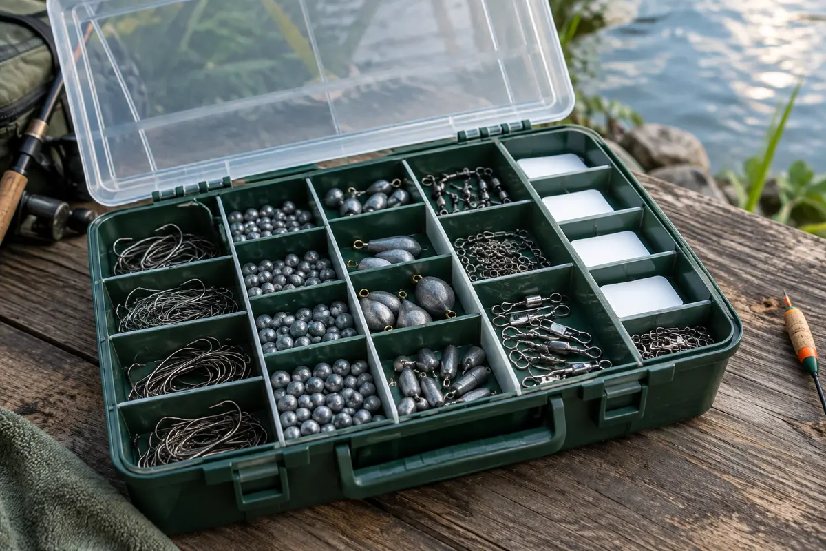 Boîte de pêche compartimentée ouverte avec hameçons, plombs et petits accessoires triés dans des cases distinctes