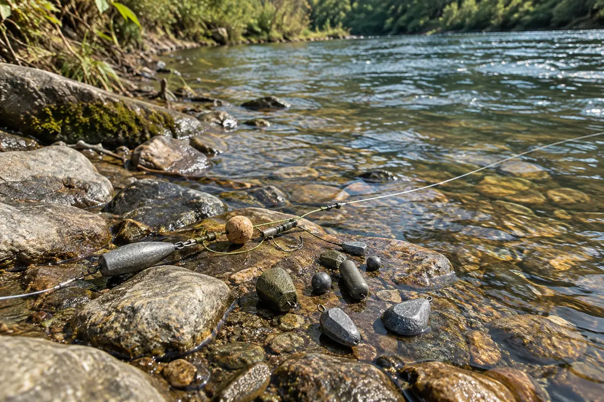 Plombs de pêche de formes différentes près d’une ligne posée au fond d’une rivière courante