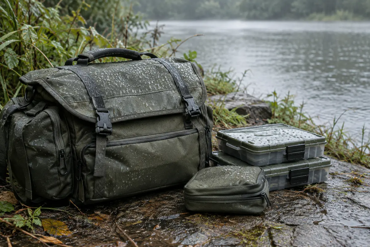 Sac de pêche fermé sur une berge humide, avec des boîtes d’accessoires protégées de la pluie