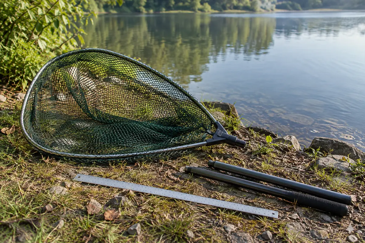 Épuisette de pêche déployée au bord de l’eau, avec sa tête, son filet et son manche visibles