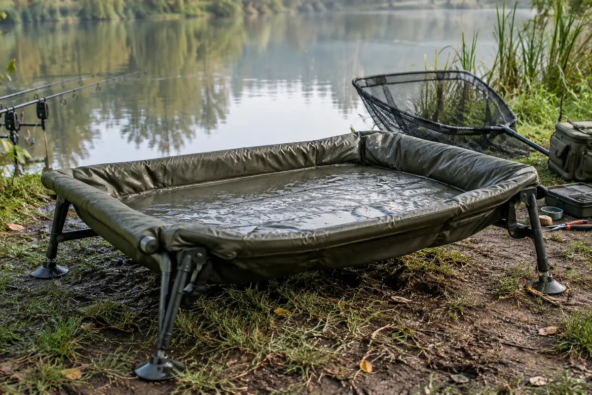 Tapis de réception humide et déplié sur une berge stable, prêt à accueillir une carpe.