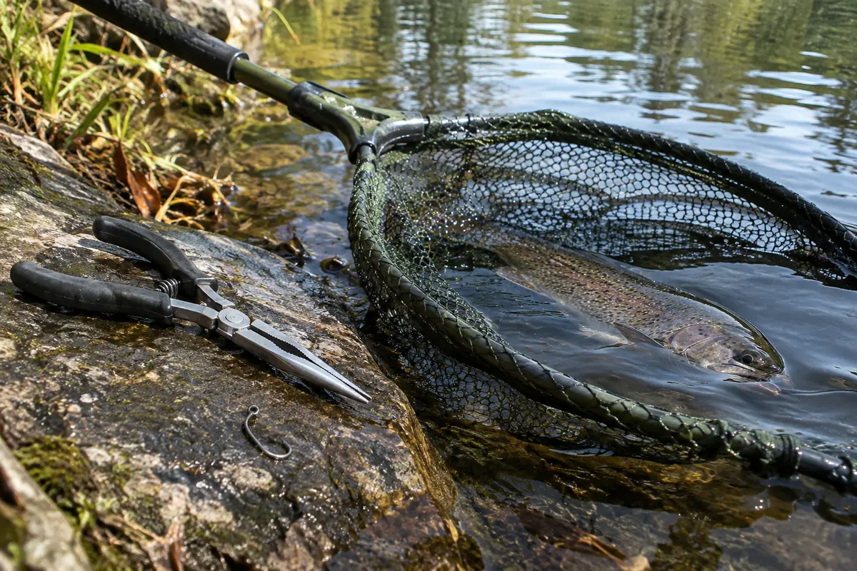 Pince de pêche à bec long près d’une épuisette humide et d’un hameçon simple au bord de l’eau