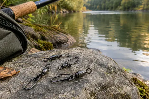 Émerillons de pêche noirs à agrafe baril posés sur une pierre au bord de l’eau