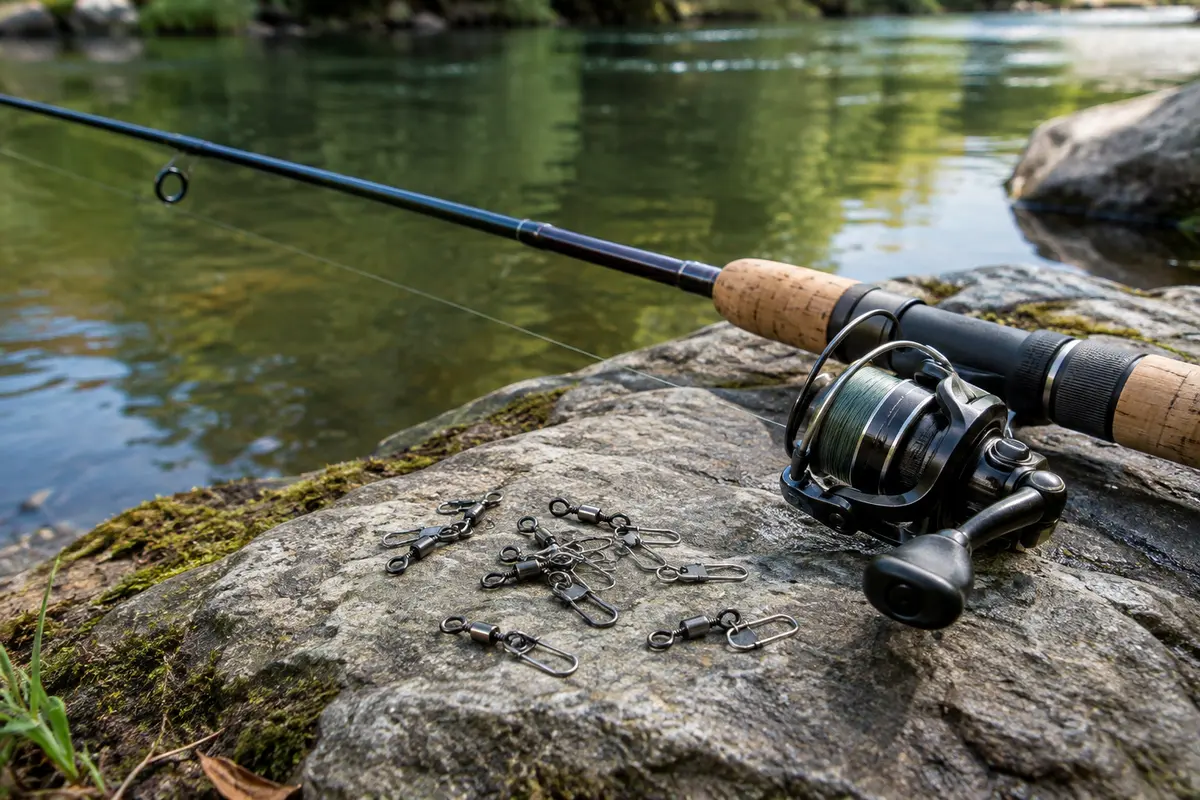 Émerillons de pêche noirs nickelés avec agrafe posés sur une pierre au bord d’une rivière calme.