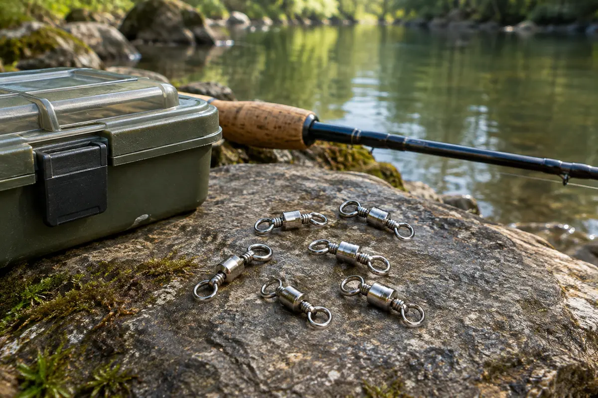 Émerillons de pêche à roulement en acier inoxydable nickelé posés sur une pierre au bord de l’eau