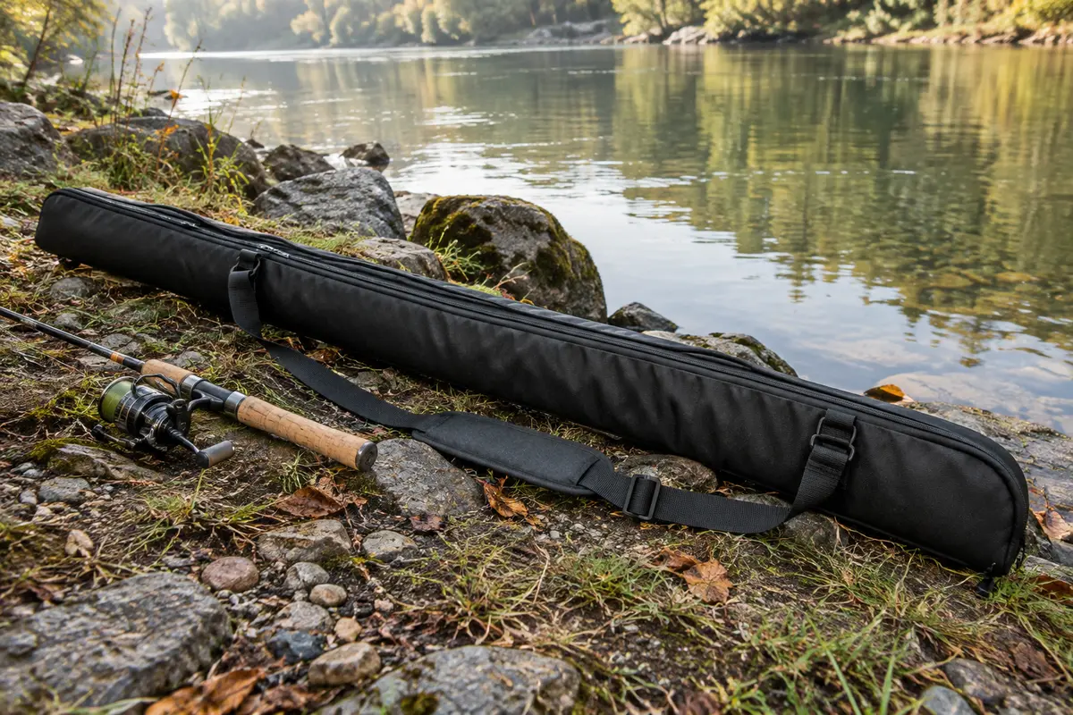Fourreau de pêche noir rembourré avec bandoulière réglable, posé près d’une canne au bord d’une rivière.
