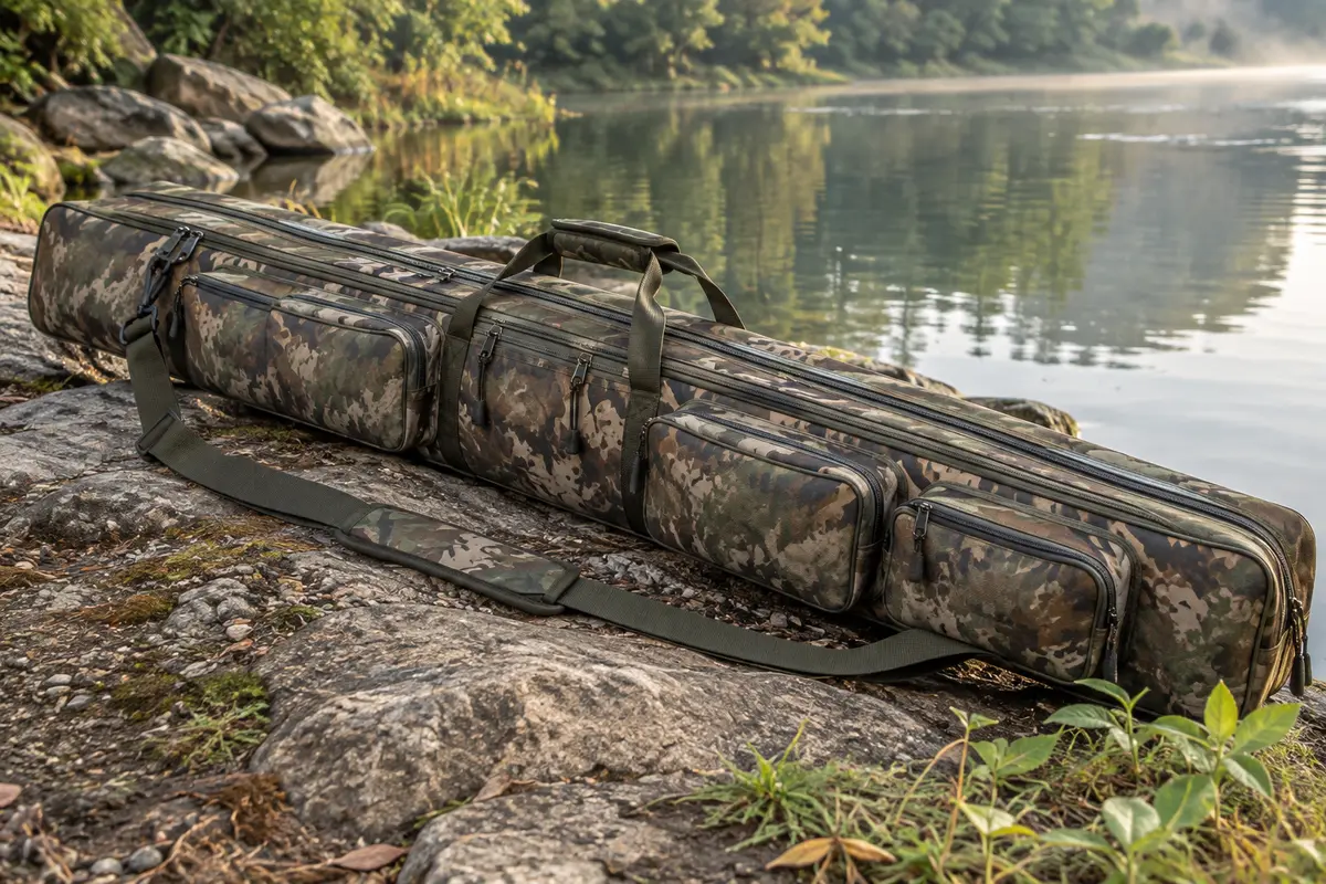 Fourreau de pêche souple à motif camouflage avec poches extérieures, poignées et bandoulière réglable