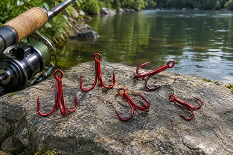 Hameçons triples de pêche rouges à trois pointes disposés sur une pierre au bord de l’eau