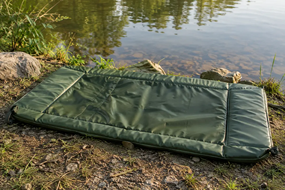 Tapis de réception vert en PVC et mousse posé déplié sur une rive calme, près de l’eau.