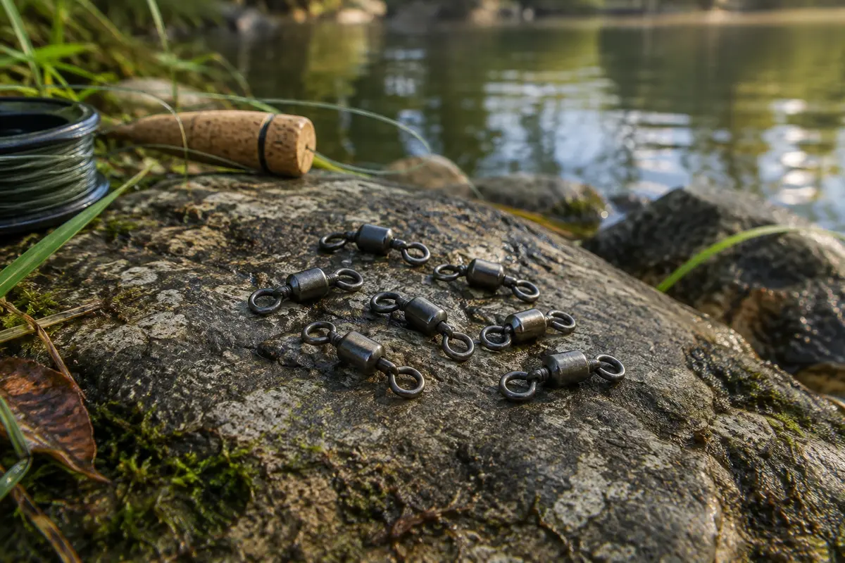 Émerillons de pêche gris foncé posés sur une pierre près d’une ligne, au bord d’une rivière calme.