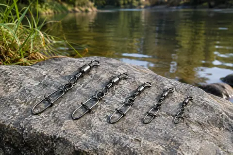 Assortiment d’émerillons de pêche à agrafe en finition nickel noir posé près de l’eau