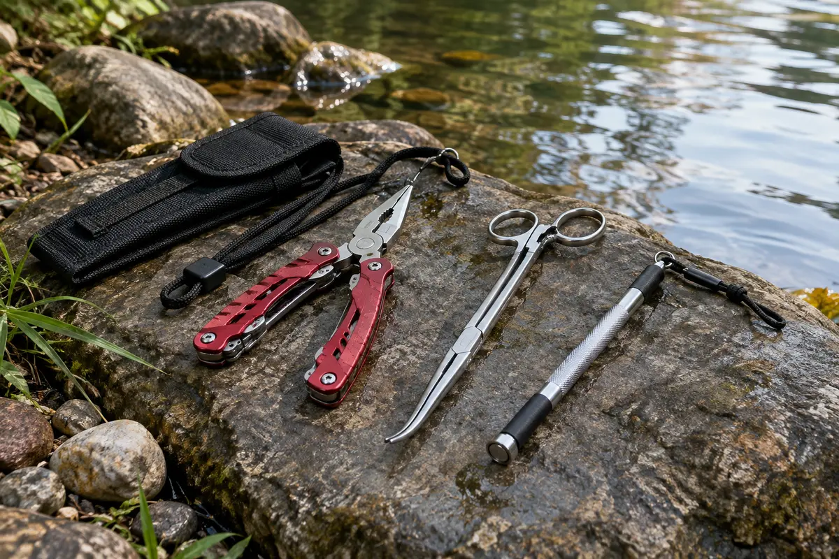 Ensemble rouge de pinces de pêche, forceps courbés et outil aimanté posé près d’une rive calme.