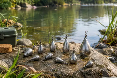 Assortiment de plombs poire argentés avec émerillons posé près d’une rive calme