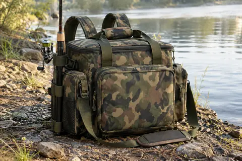 Sac de pêche camouflage à poches multiples posé au bord d’une rive calme, avec ses sangles et sa fixation pour canne