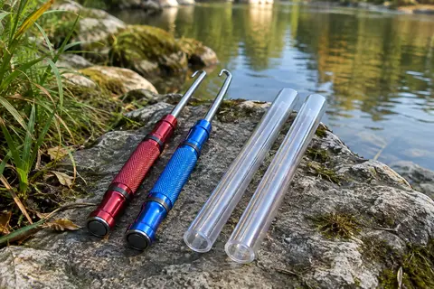 Deux dégorgeoirs rouges et bleus avec leurs tubes transparents posés au bord d’une rivière