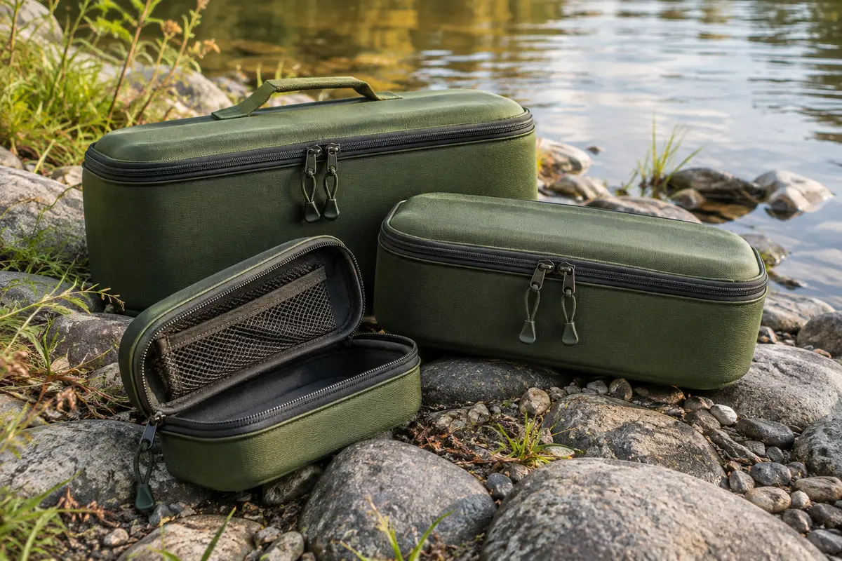 Trois étuis de pêche verts en EVA, dont un ouvert laissant voir sa poche intérieure en maille