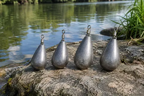 Quatre plombs poire gris argenté avec émerillons, disposés sur une pierre au bord d’une rivière calme.