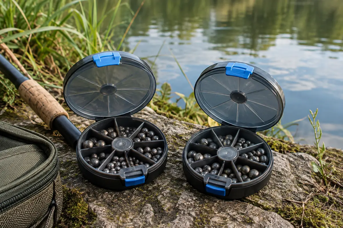 Deux boîtes rotatives de plombs de pêche gris, avec couvercles ouverts près d’une rive calme