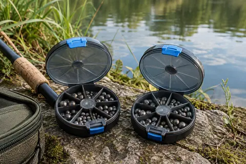 Deux boîtes rotatives de plombs de pêche gris, avec couvercles ouverts près d’une rive calme