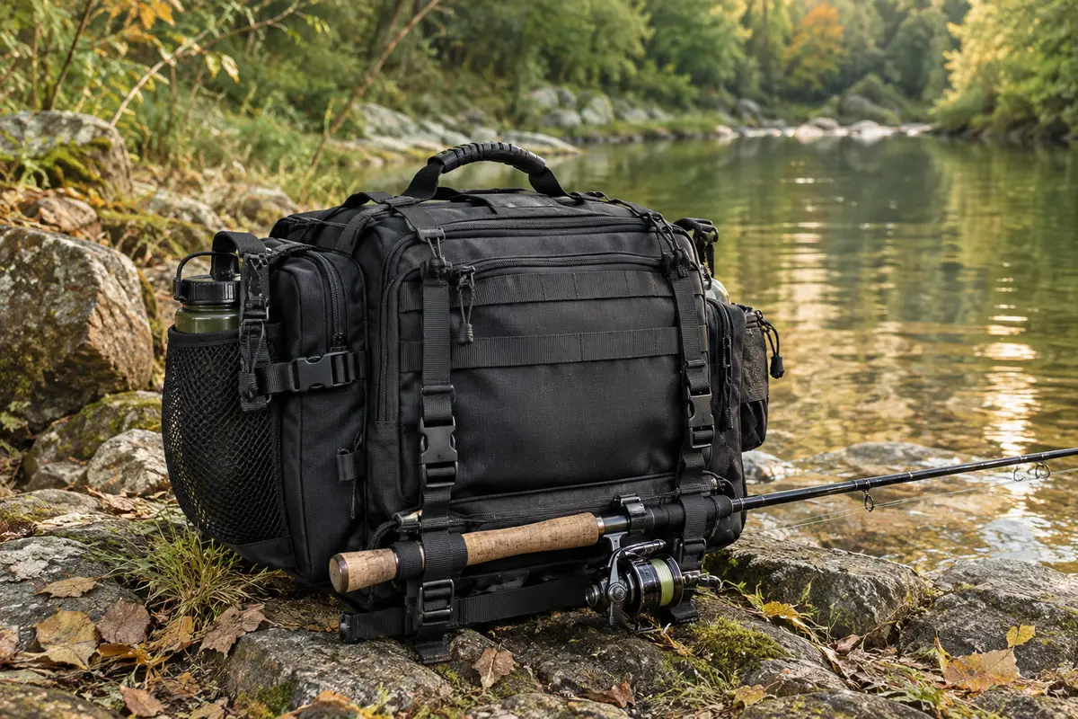 Sac de pêche noir BlesMaller avec sangles et supports, posé au bord d’une rivière calme.