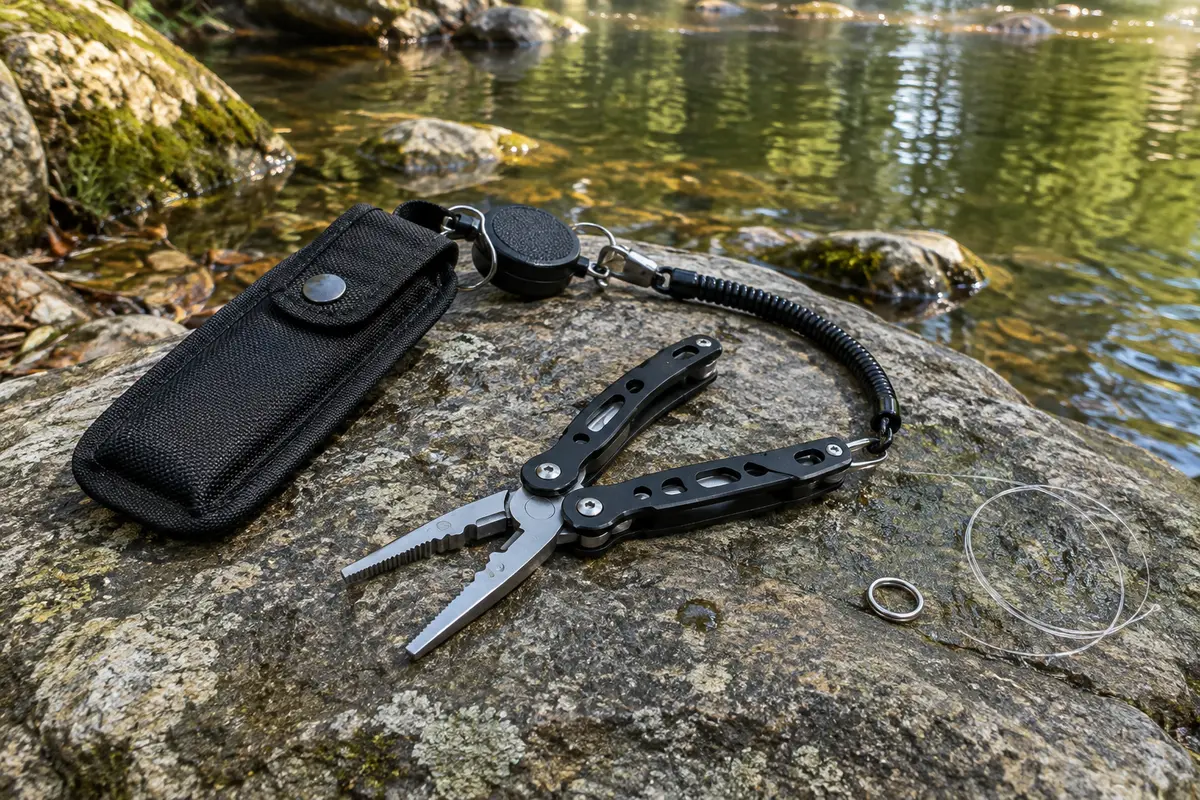 Pince de pêche noire en acier inoxydable avec étui et lanière, posée près d’une rive calme.