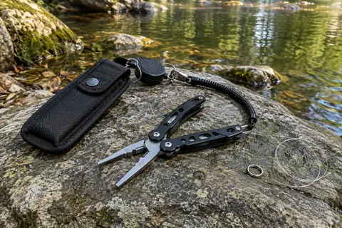 Pince de pêche noire en acier inoxydable avec étui et lanière, posée près d’une rive calme.
