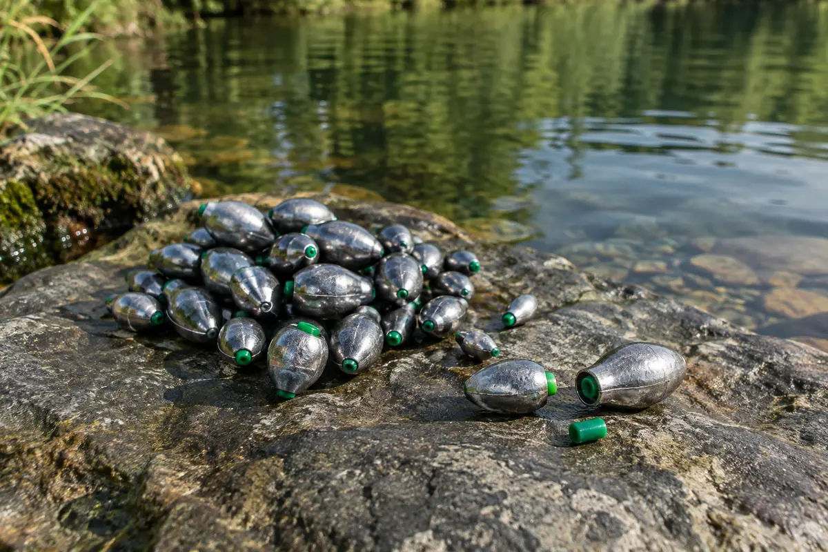 Assortiment de plombs olive argentés avec bouchons verts posé au bord d’une rivière calme
