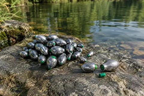 Assortiment de plombs olive argentés avec bouchons verts posé au bord d’une rivière calme