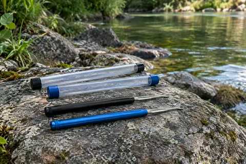 Deux extracteurs d’hameçon fins en forme de stylo, noir et bleu, posés sur une pierre au bord d’une rivière à côté de leurs tubes de rangement.