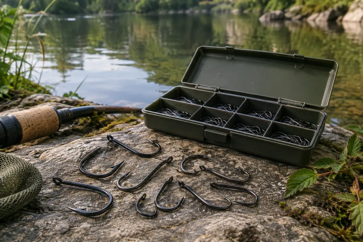 Hameçons de carpe noirs sans ardillon rangés dans une boîte compartimentée au bord d’une rivière.