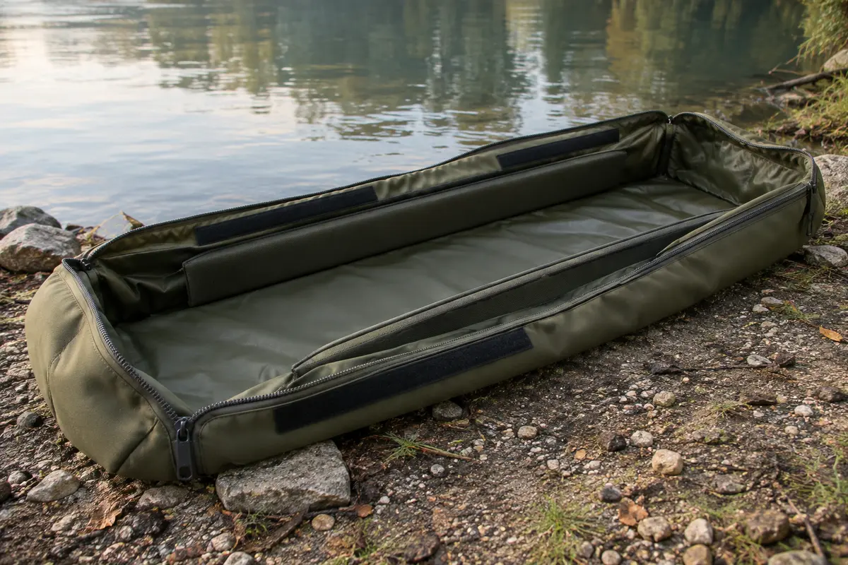 Sac de pesée Carp Spirit en néoprène kaki posé ouvert sur une berge, avec fermetures latérales visibles.