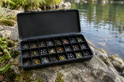Boîte de pêche noire ouverte sur une pierre au bord d’une rivière, divisée en trois rangées de petites cases garnies d’hameçons, de plombs et de petits leurres