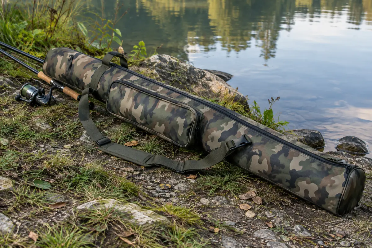 Fourreau de pêche camouflage avec poche latérale et bandoulière posé près d’une rive calme