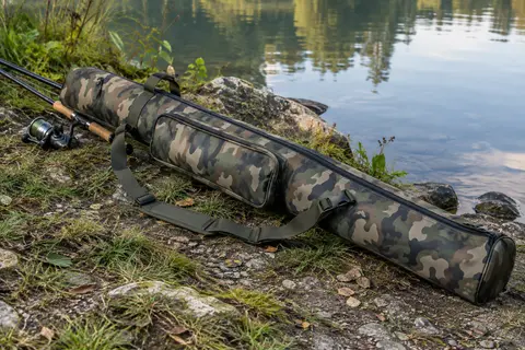 Fourreau de pêche camouflage avec poche latérale et bandoulière posé près d’une rive calme
