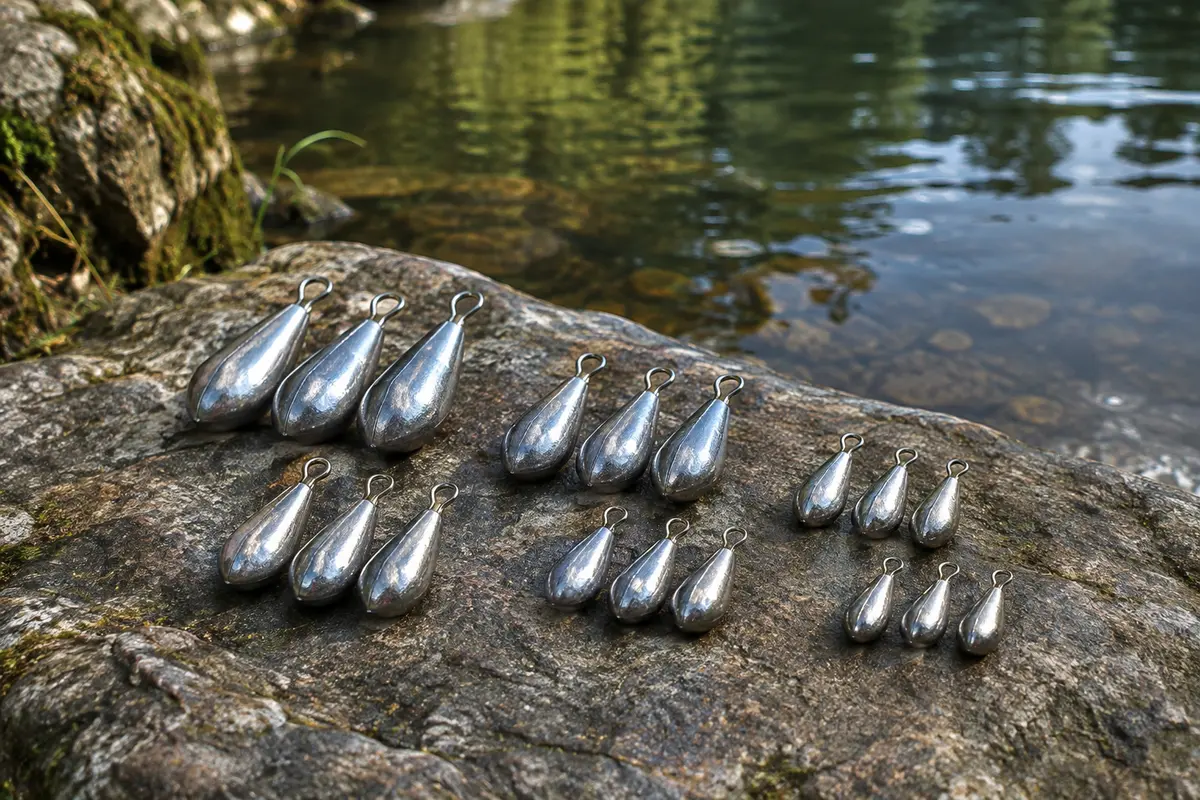 Assortiment de 14 plombs de pêche argentés en forme de goutte, avec anneaux métalliques, au bord d’une rivière