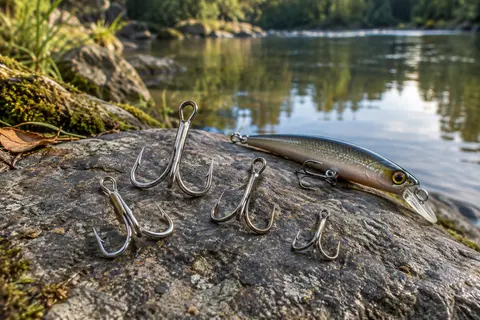 Assortiment d’hameçons triples nickelés posé sur une pierre au bord d’une rivière calme.
