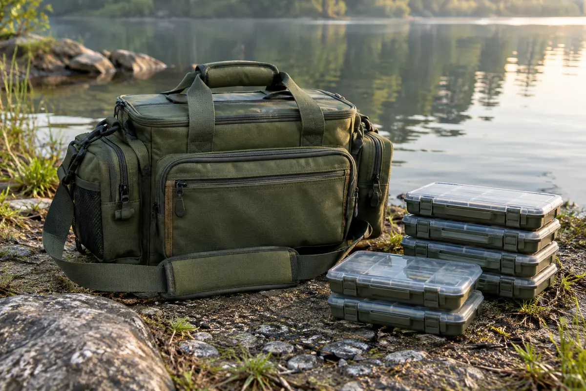 Sac de pêche vert olive avec ses poches et ses huit boîtes de rangement posé près de l’eau.