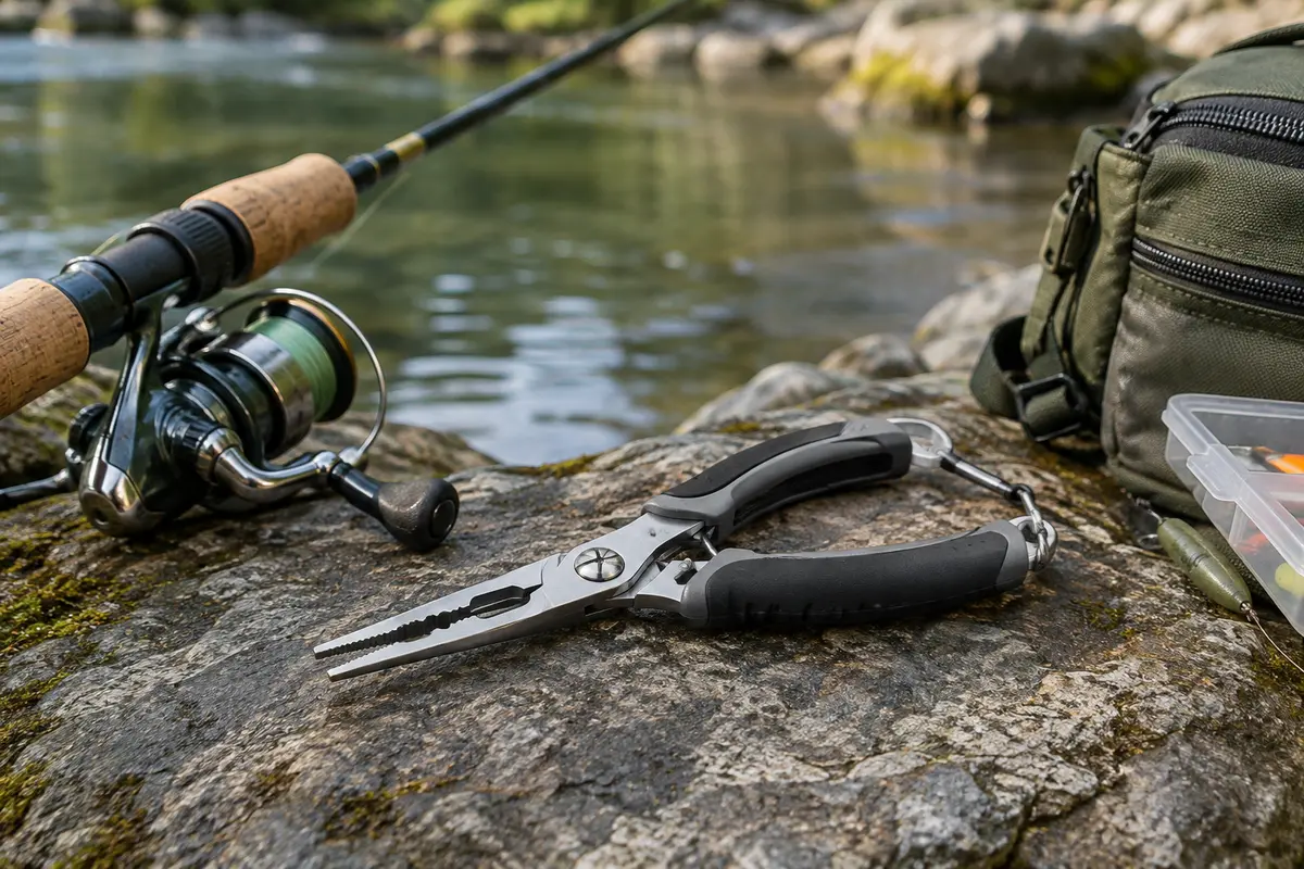 Mini-pince Daiwa argentée à mâchoires fines posée sur une pierre au bord d’une rivière